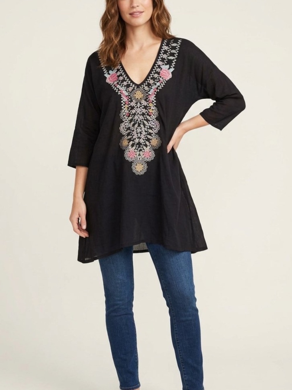 Johnny Was Black V-Neck Boho Embroidered Tunic with Pink & Gold Accents